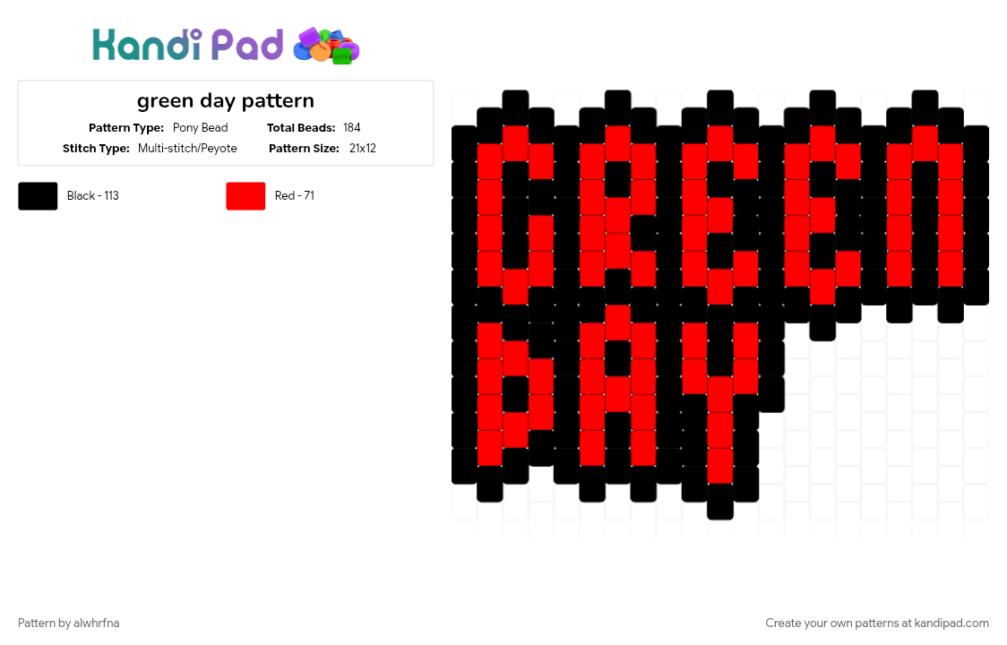 green day pattern - Pony Bead Pattern by alwhrfna on Kandi Pad - band, black, green day, music, punk rock, red
