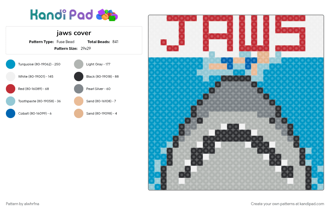 jaws cover - Fuse Bead Pattern by alwhrfna on Kandi Pad - animal, aquatic, beige, cotdoceancreatures, jaws, jaws shark, light blue, ocean, shark, water