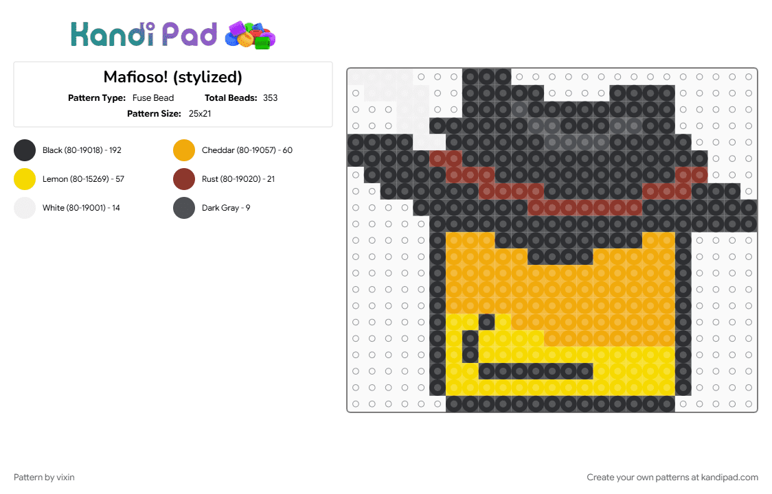 Mafioso! (stylized) - Fuse Bead Pattern by vixin on Kandi Pad - black, dream game, frozen soul, mafioso, orange, stylized, video game, yellow