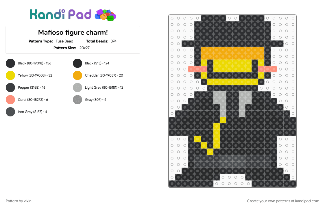 Mafioso figure charm! - Fuse Bead Pattern by vixin on Kandi Pad - black, character, charm, gaming, head, mafioso, orange, yellow