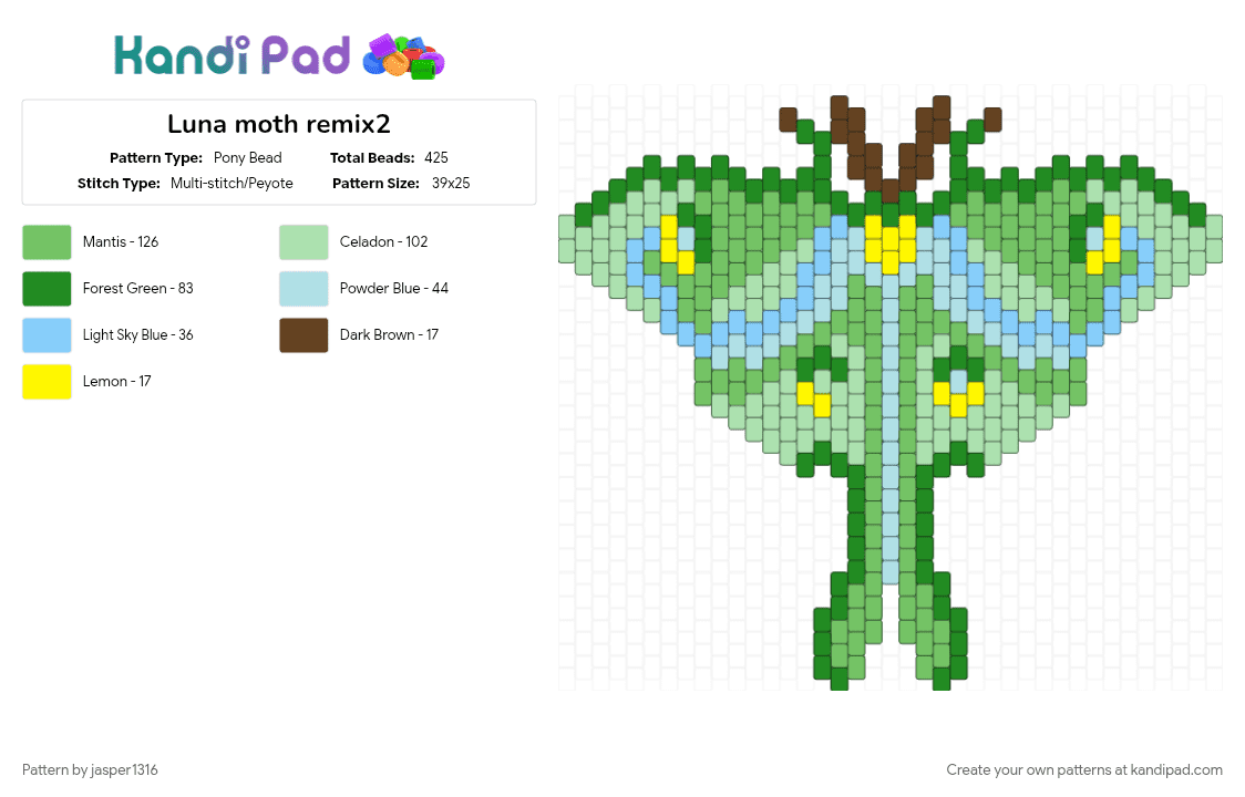 Luna moth remix2 - Pony Bead Pattern by jasper1316 on Kandi Pad - green, light blue, teal