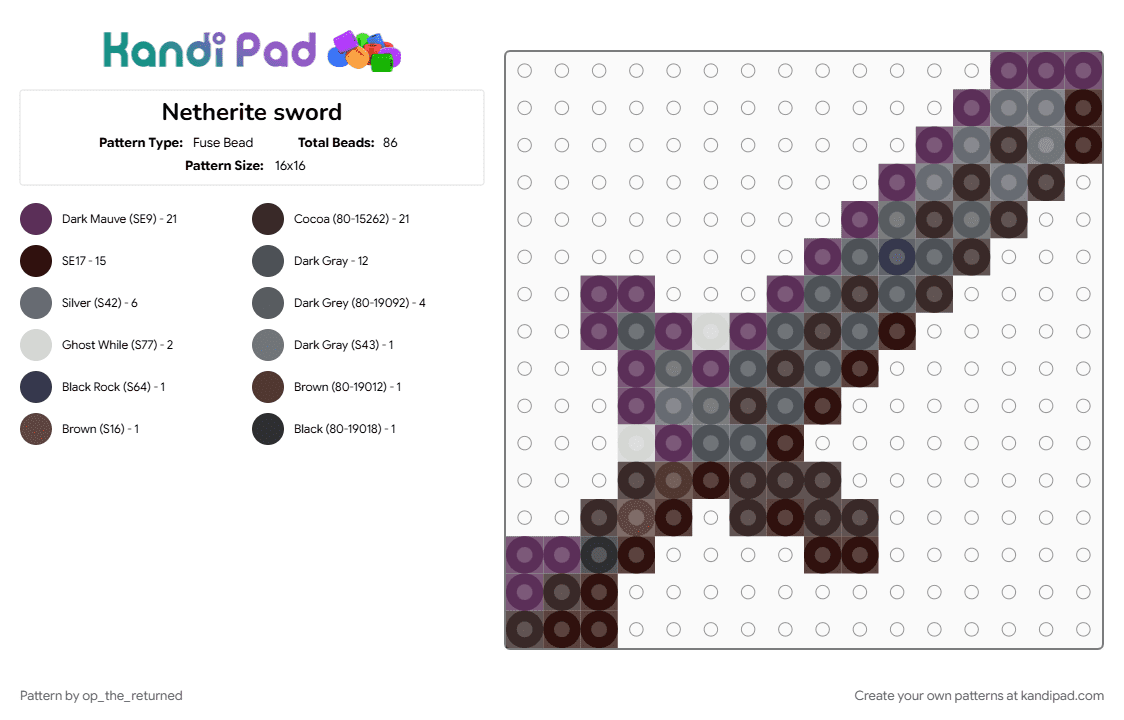 Netherite sword - Fuse Bead Pattern by op_the_returned on Kandi Pad - brown, gray, pink