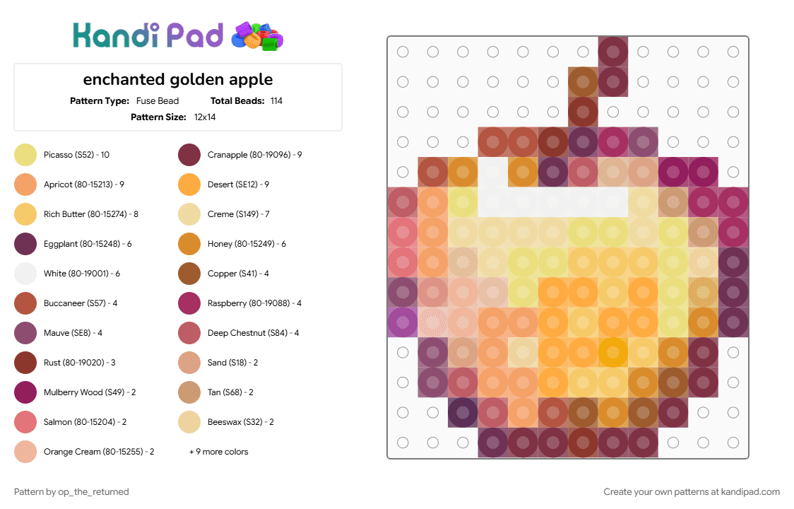 enchanted golden apple - Fuse Bead Pattern by op_the_returned on Kandi Pad - beige, orange, pink, yellow