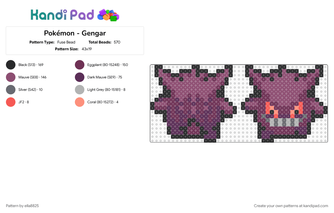 Pokémon - Gengar - Fuse Bead Pattern by ella8825 on Kandi Pad - pink