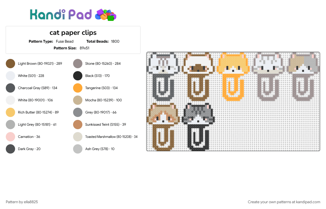 cat paper clips - Fuse Bead Pattern by ella8825 on Kandi Pad - beige, gray, tan