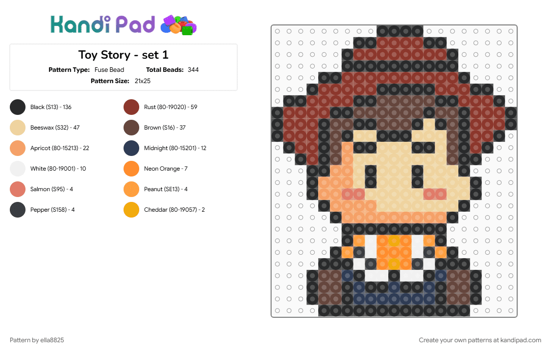 Toy Story - set 1 - Fuse Bead Pattern by ella8825 on Kandi Pad - beige, brown, character, orange, red, toy story, woody