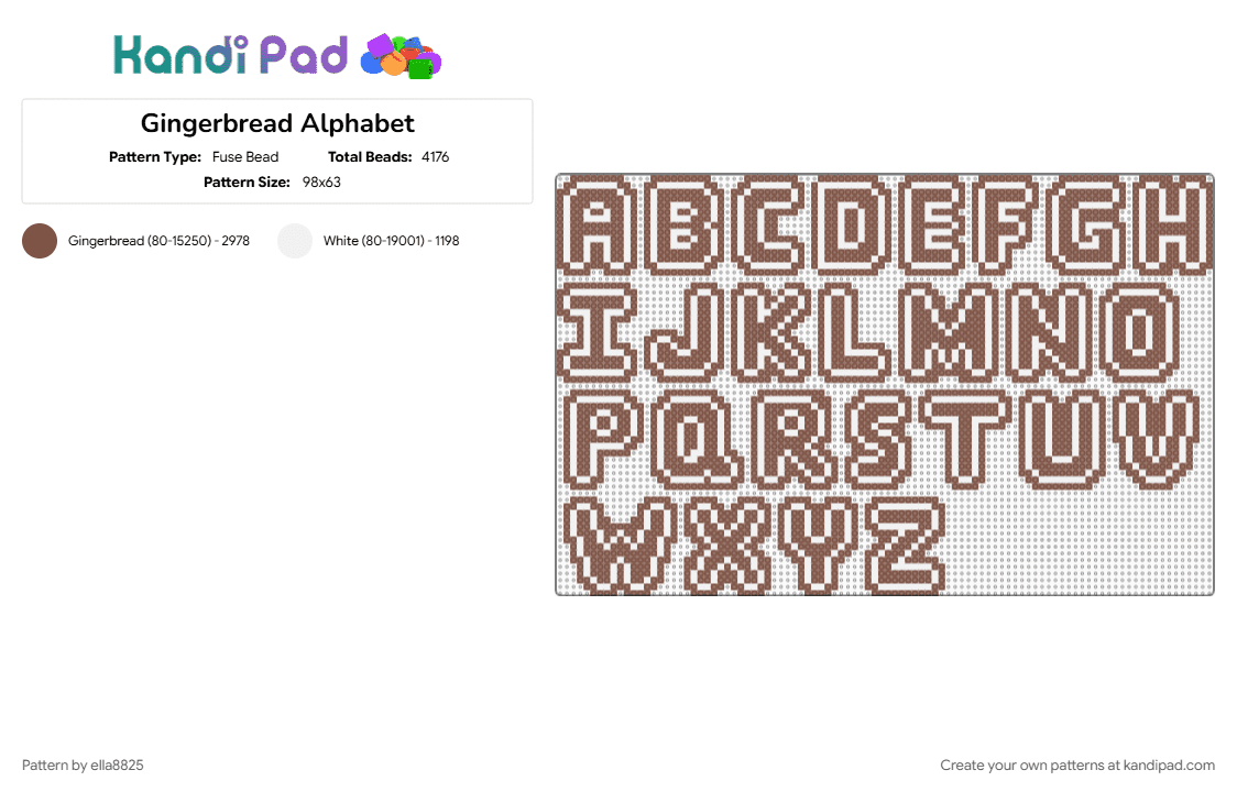 Gingerbread Alphabet - Fuse Bead Pattern by ella8825 on Kandi Pad - tan, white