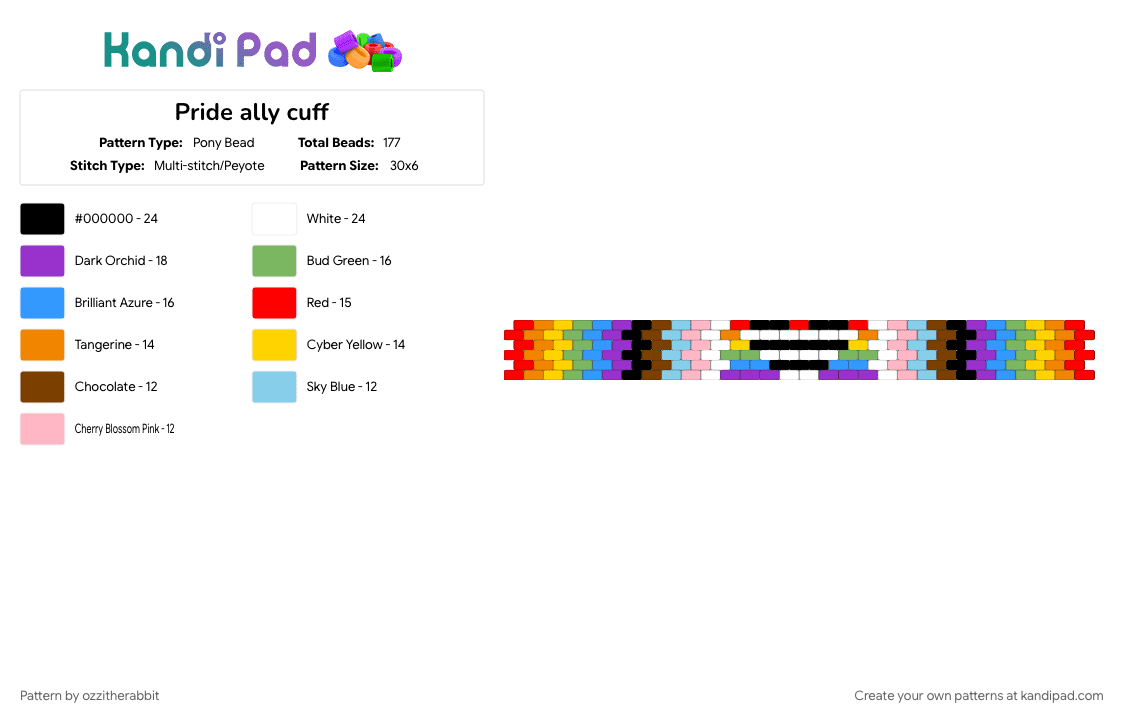 Pride ally cuff - Pony Bead Pattern by ozzitherabbit on Kandi Pad - green, light blue, purple, red