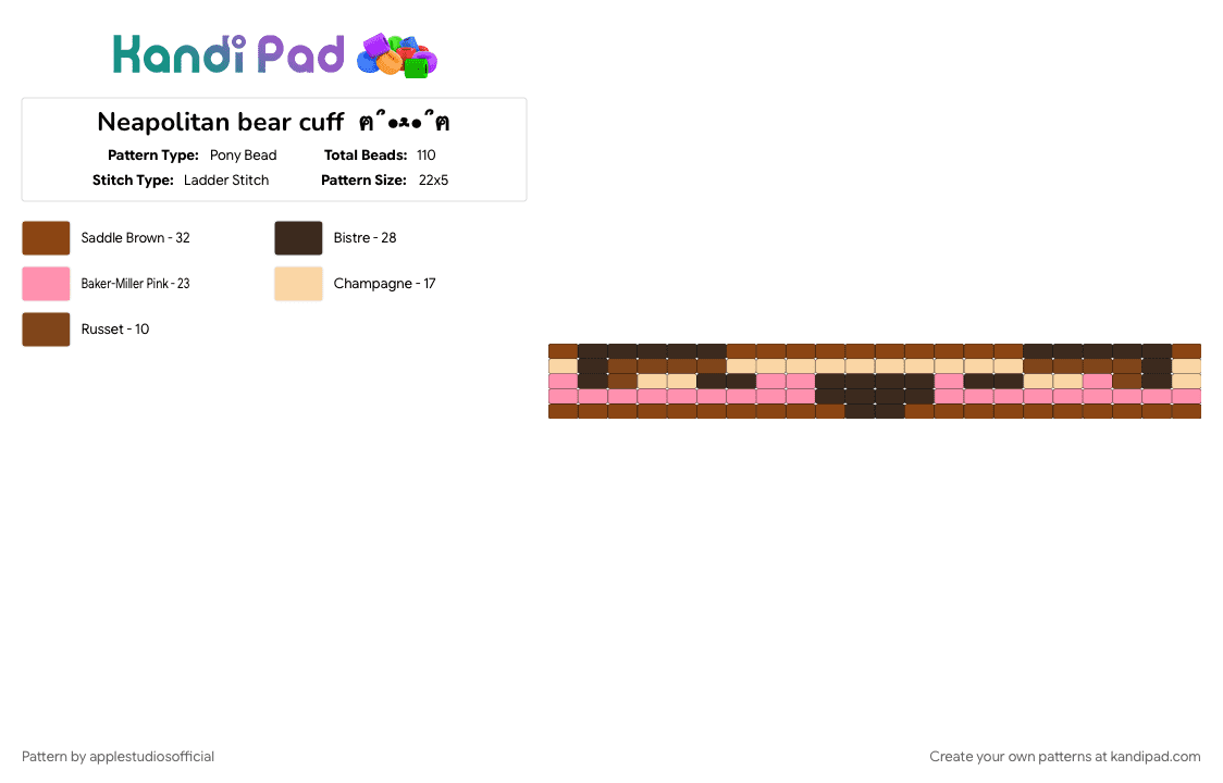 Neapolitan bear cuff  ฅ՞•ﻌ•՞ฅ - Pony Bead Pattern by applestudiosofficial on Kandi Pad - bear, brown, cotdsurrealism, cute, neapolitan, red
