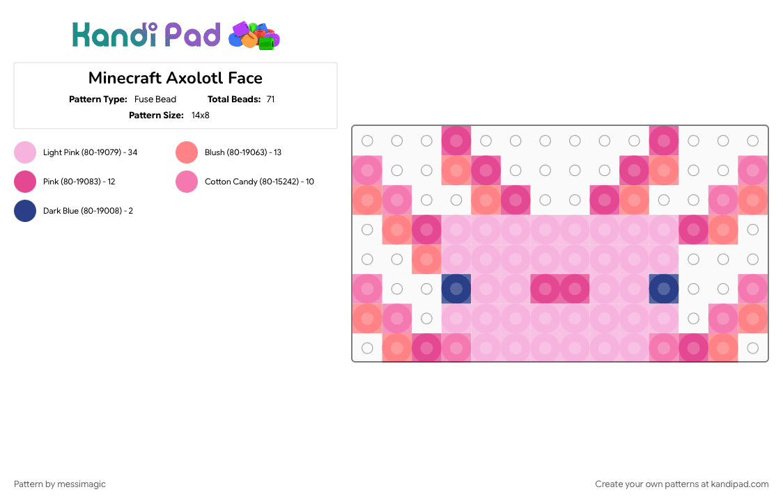 Minecraft Axolotl Face - Fuse Bead Pattern by messimagic on Kandi Pad - pink