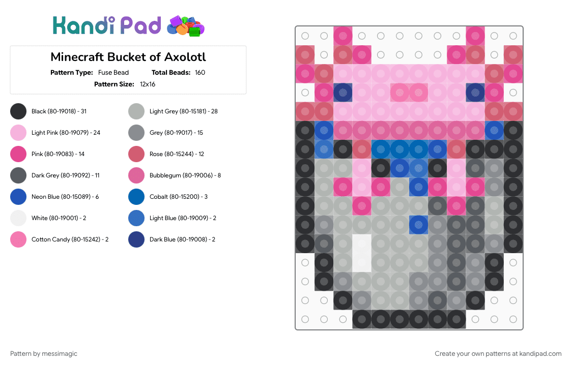 Minecraft Bucket of Axolotl - Fuse Bead Pattern by messimagic on Kandi Pad - beige, gray, pink