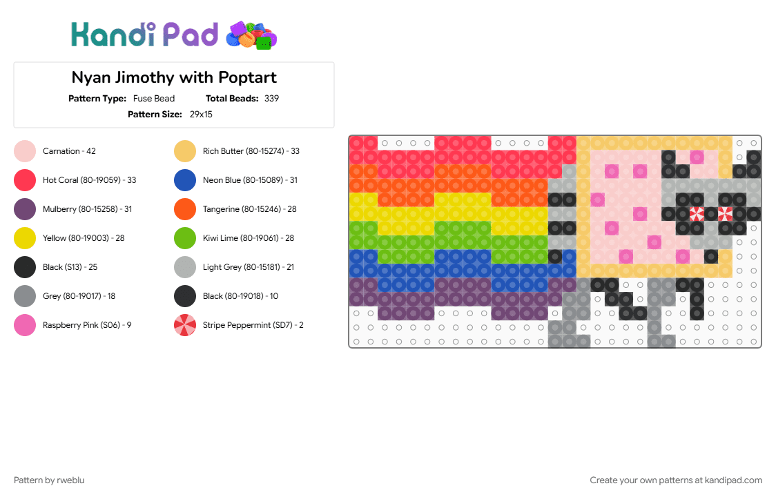 Nyan Jimothy with Poptart - Fuse Bead Pattern by rweblu on Kandi Pad - beige, pink, red, yellow
