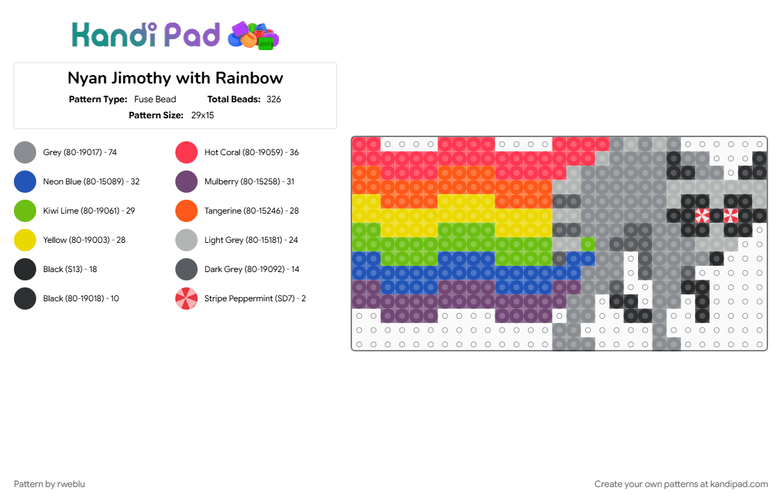 Nyan Jimothy with Rainbow - Fuse Bead Pattern by rweblu on Kandi Pad - gray, red