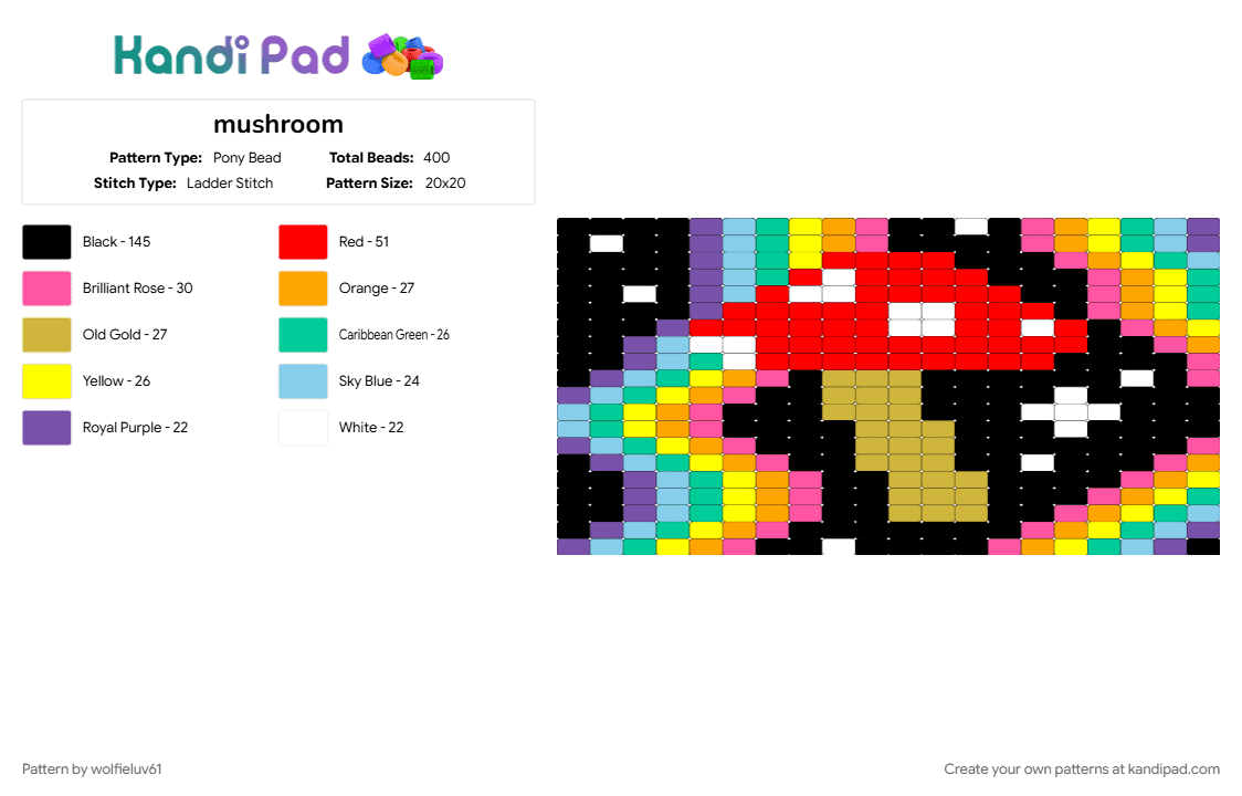 mushroom - Pony Bead Pattern by wolfieluv61 on Kandi Pad - pink, red, yellow
