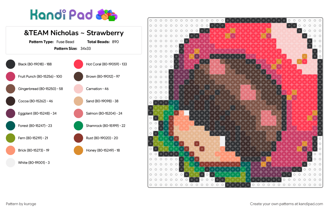 &TEAM Nicholas ~ Strawberry - Fuse Bead Pattern by kuroge on Kandi Pad - andteam, beige, brown, chibi, jpop, kpop, kuroge, nicholas, pink, red, strawberry, strawberry hat