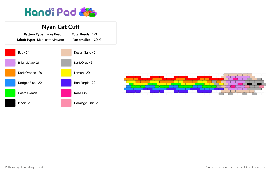 Nyan Cat Cuff - Pony Bead Pattern by davidsboyfriend on Kandi Pad - 2000s, animal, beige, cat, cute, internet, meme, pink, rainbow, red, scene