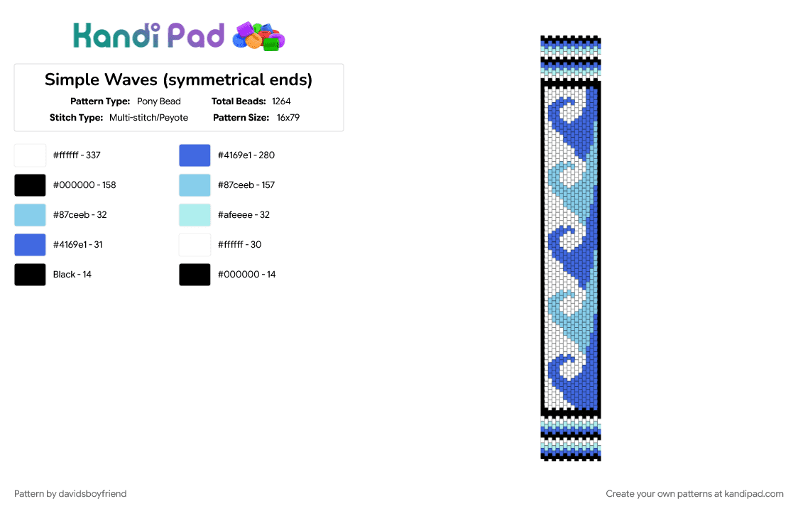 Simple Waves (symmetrical ends) - Pony Bead Pattern by davidsboyfriend on Kandi Pad - blue, light blue