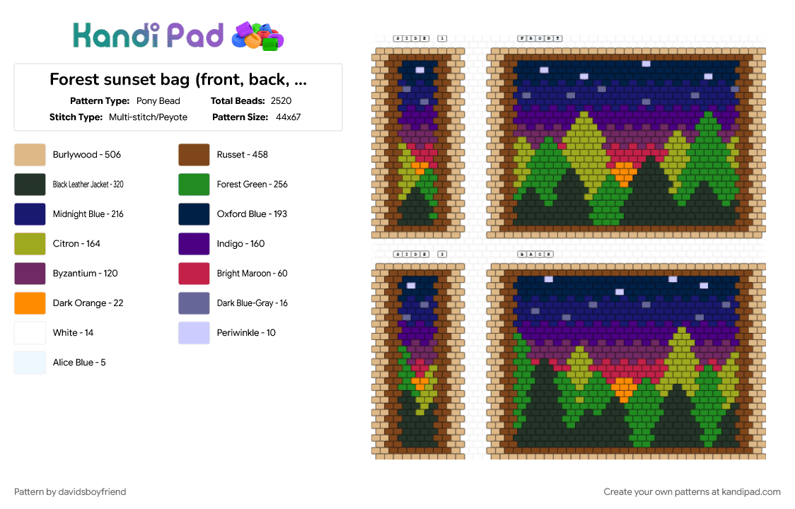Forest sunset bag (front, back, sides) - Pony Bead Pattern by davidsboyfriend on Kandi Pad - bag, bag panel, bag pattern, beige, brown, cotdforests, forest, green, nature, purple, sunset, trees