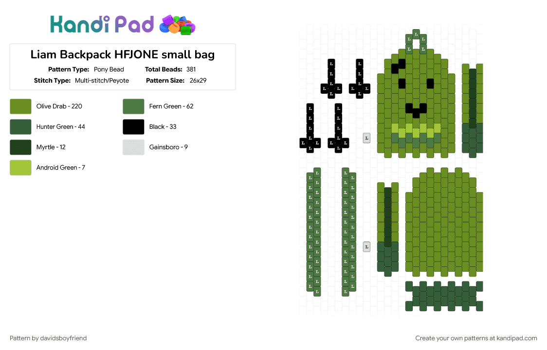 Liam Backpack HFJONE small bag - Pony Bead Pattern by davidsboyfriend on Kandi Pad - backpack, bag, character, green, hfjone, liam hfjone, liam plecak, object show, osc