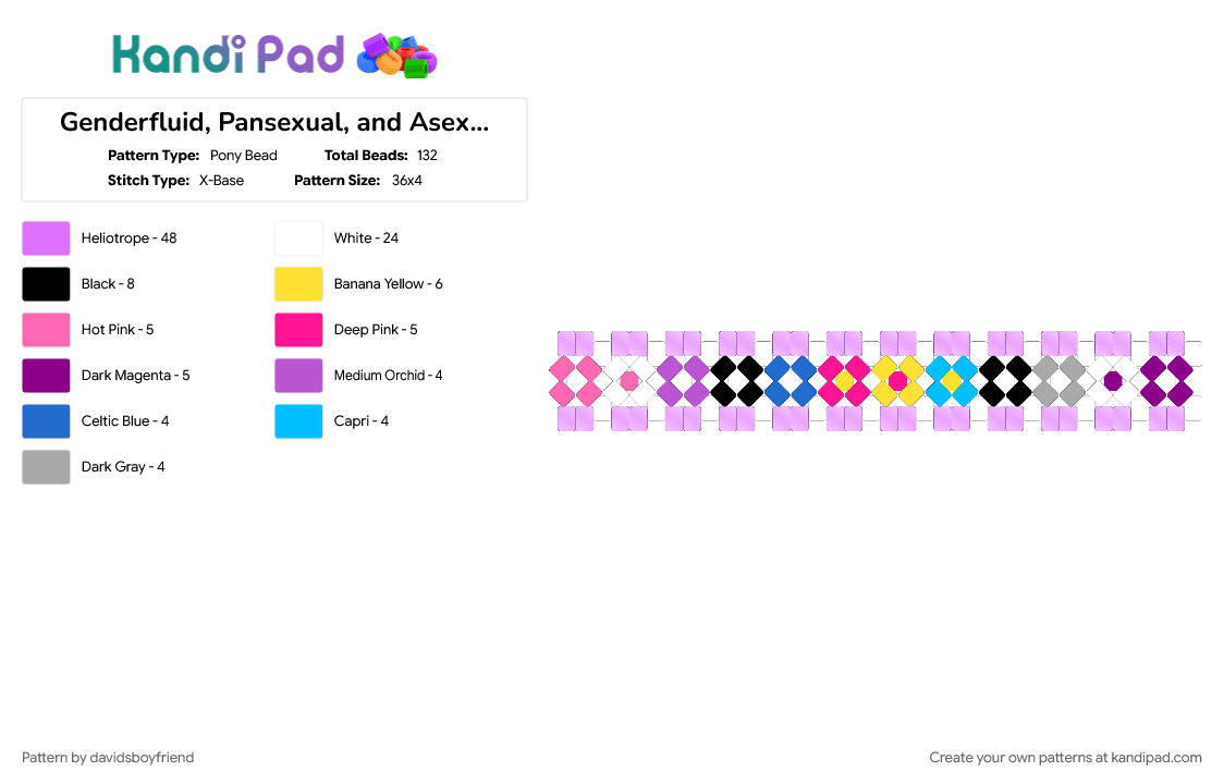 Genderfluid, Pansexual, and Asexual flower cuff - Pony Bead Pattern by davidsboyfriend on Kandi Pad - asexual, cute, gay, genderfluid, lgbtq, pansexual, pink, pride, queer