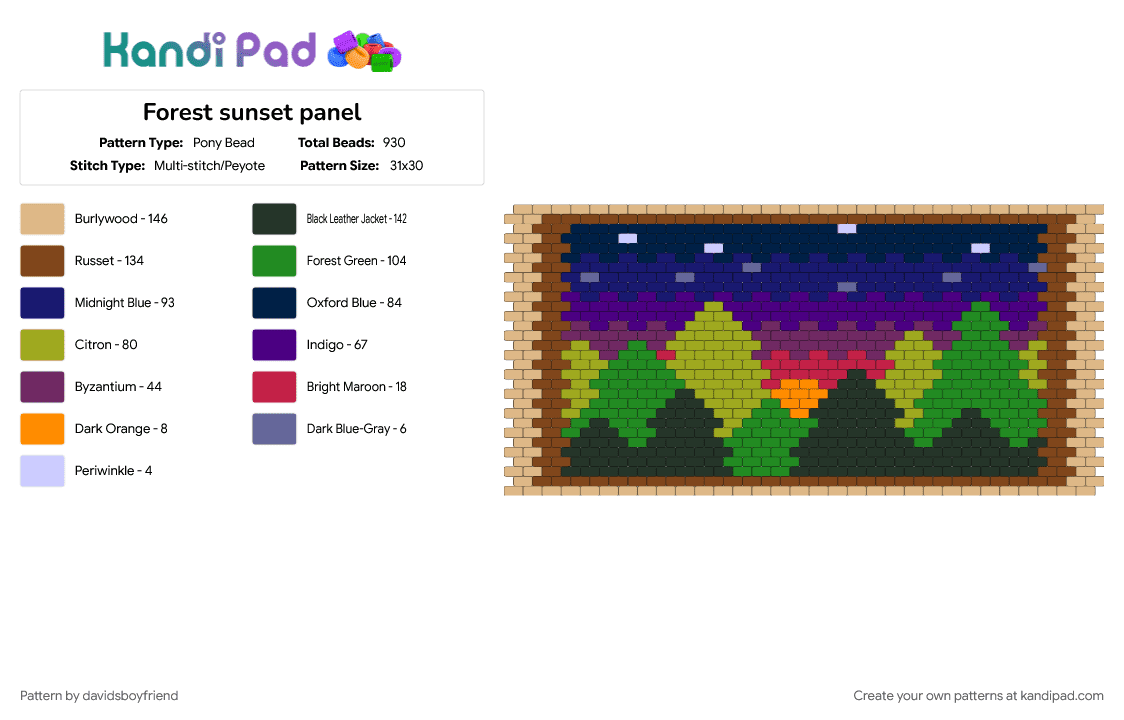 Forest sunset panel - Pony Bead Pattern by davidsboyfriend on Kandi Pad - beige, brown, cotdforests, forest, green, nature, panel, pretty, purple, sun, sunset, trees