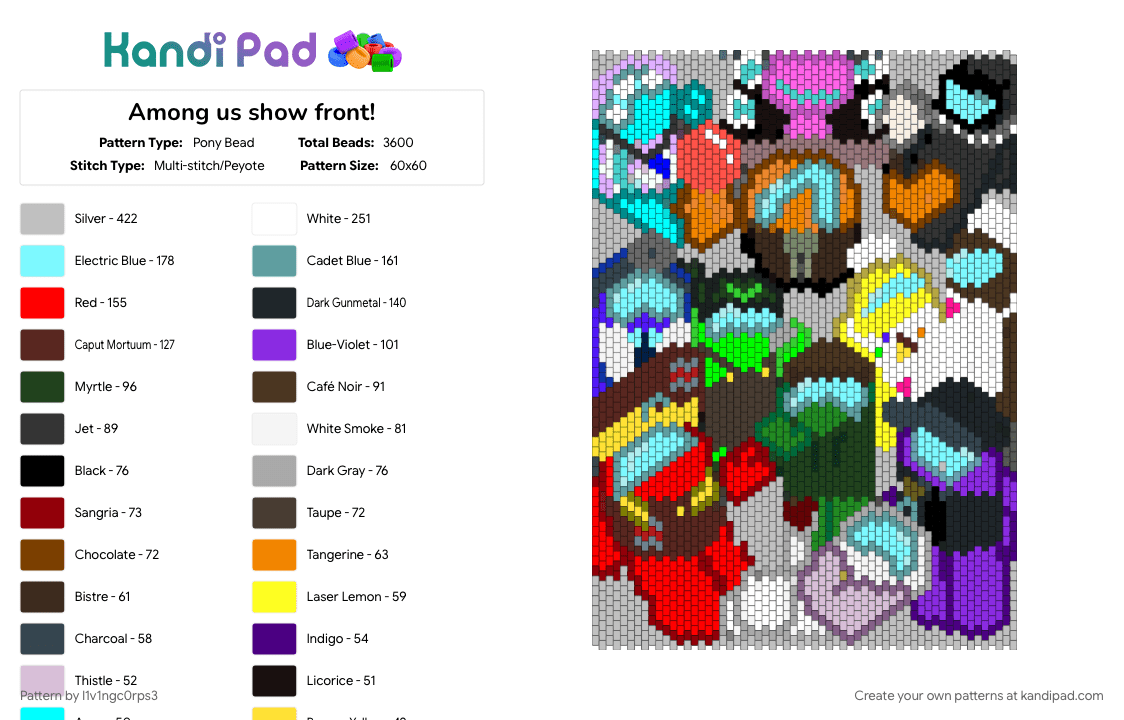 Among us show front! - Pony Bead Pattern by l1v1ngc0rps3 on Kandi Pad - beige, colorful, light blue, purple, teal