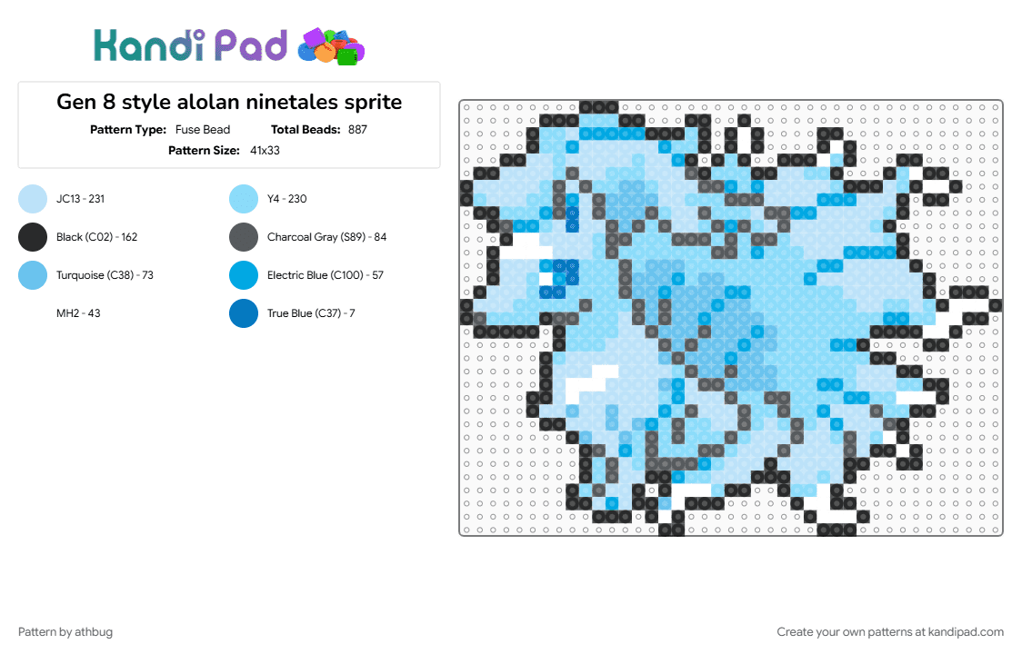 Gen 8 style alolan ninetales sprite - Fuse Bead Pattern by athbug on Kandi Pad - light blue
