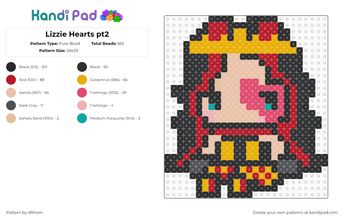 Lizzie Hearts - Fuse Bead Pattern by dlthom on Kandi Pad - black,red,orange,beige