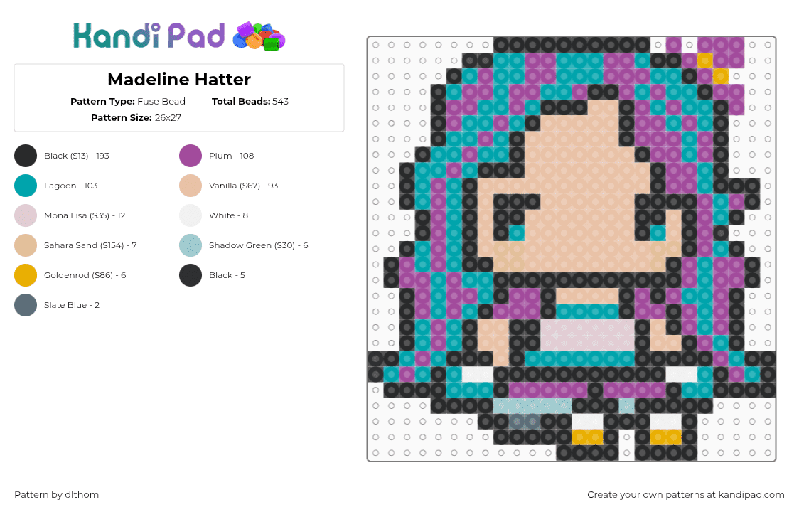 Madeline Hatter - Fuse Bead Pattern by dlthom on Kandi Pad - teal,beige,pink