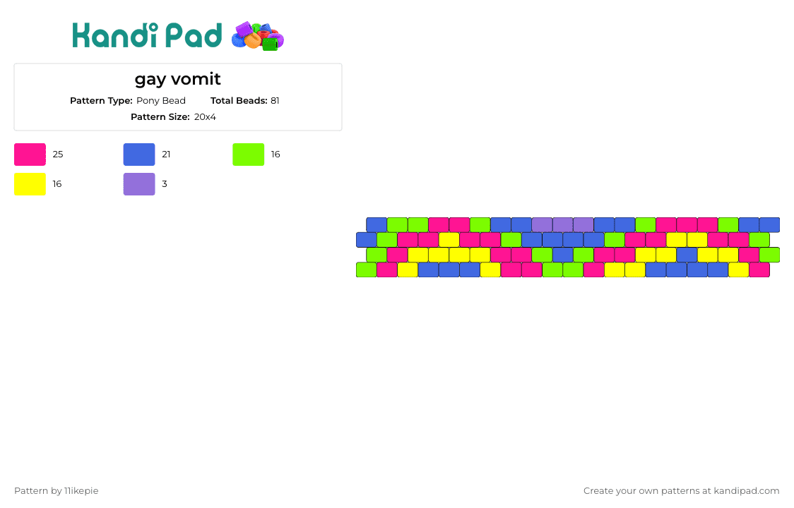 gay vomit - Pony Bead Pattern by 11ikepie on Kandi Pad - random,bright,neon,colorful,cuff,pink,yellow,blue