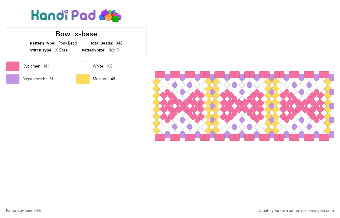 Bow  x-base - Pony Bead Pattern by kandikikk on Kandi Pad - bow, girly, pink
