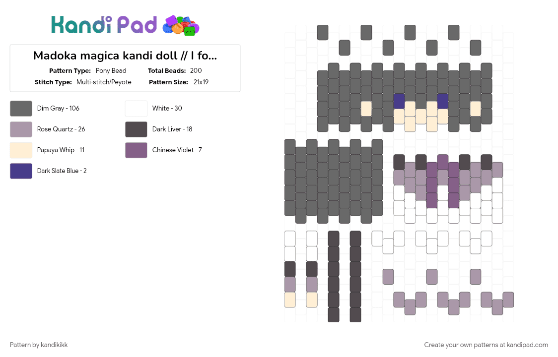 Madoka magica kandi doll // I forgot her name - Pony Bead Pattern by kandikikk on Kandi Pad - anime, character, gray, kandi doll, madoka magica, magical girl