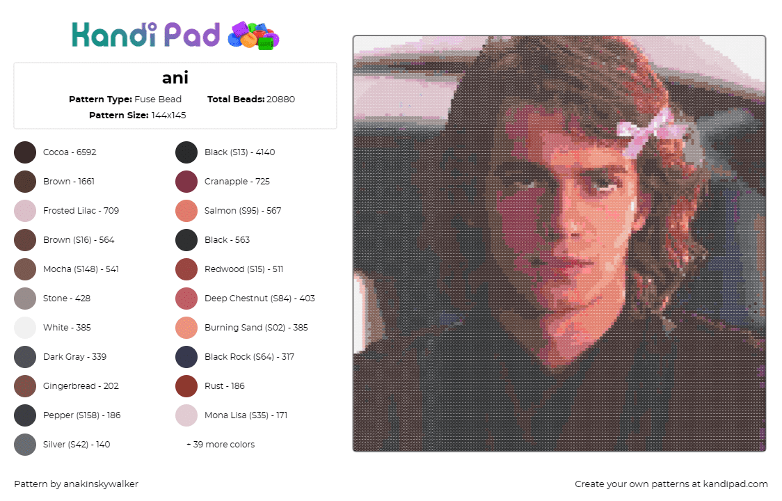 ani - Fuse Bead Pattern by anakinskywalker on Kandi Pad - anikin skywalker,jedi,star wars,portrait,scifi,movie,tan,black