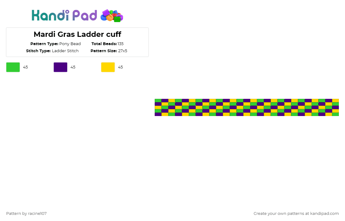 Mardi Gras Ladder cuff - Pony Bead Pattern by racine107 on Kandi Pad - green,purple,yellow