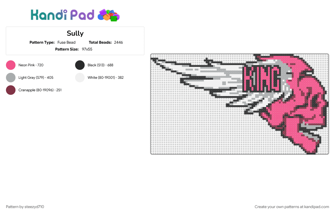 Sully - Fuse Bead Pattern by steezyd710 on Kandi Pad - dj, edm, music, pink, skull, sullivan king