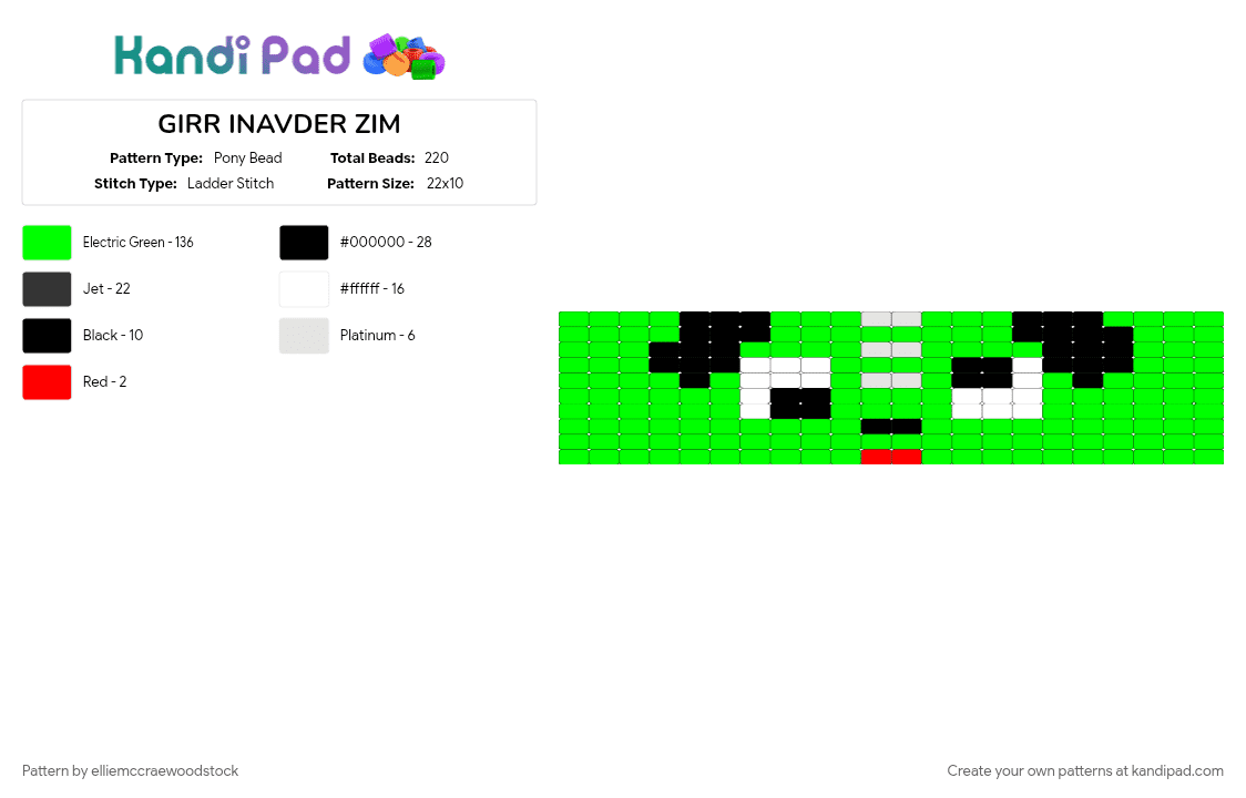 GIRR INAVDER ZIM - Pony Bead Pattern by elliemccraewoodstock on Kandi Pad - cartoon, character, gir, green, invader zim