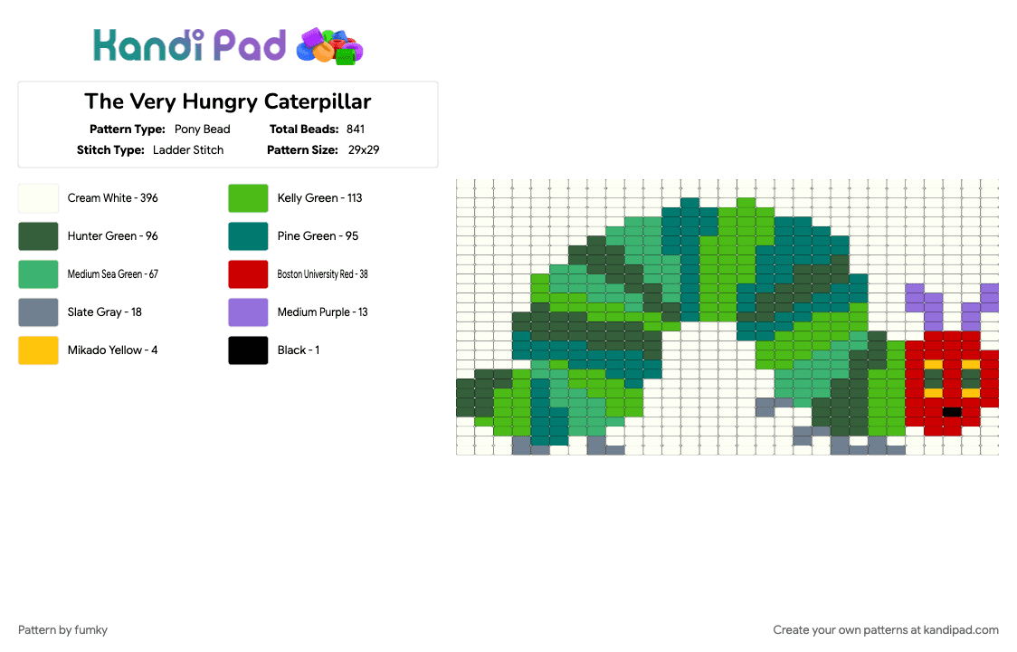 The Very Hungry Caterpillar - Pony Bead Pattern by fumky on Kandi Pad - gray, green, teal, white