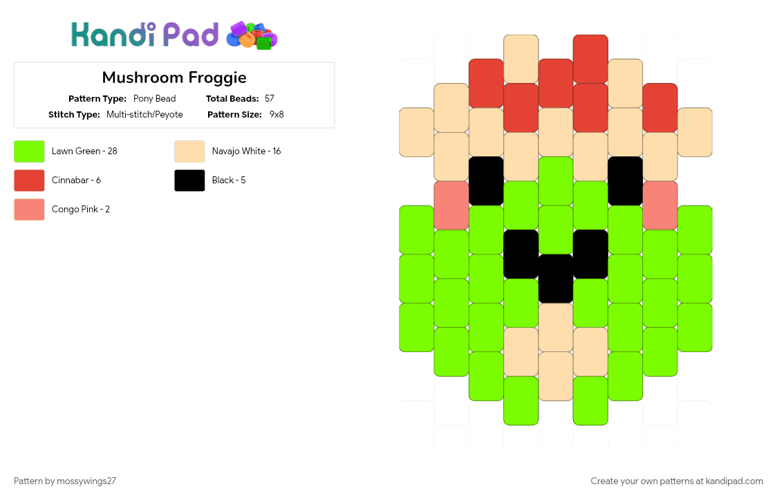 Mushroom Froggie - Pony Bead Pattern by mossywings27 on Kandi Pad - beige, frog, green, keychain, mushroom