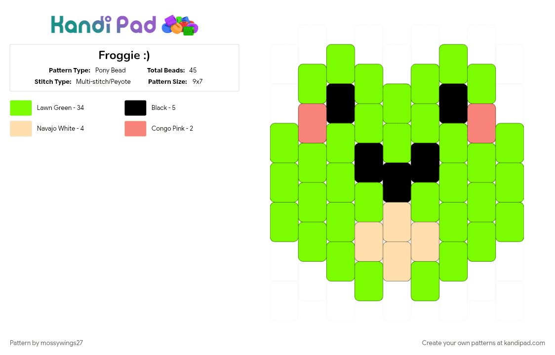 Froggie :) - Pony Bead Pattern by mossywings27 on Kandi Pad - frog, froggie, froggy, green, keychain, mini, silly, small, smol