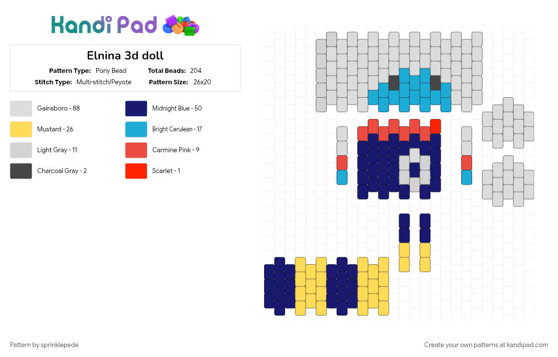 Elnina 3d doll - Pony Bead Pattern by sprinklepede on Kandi Pad - purple, white, yellow