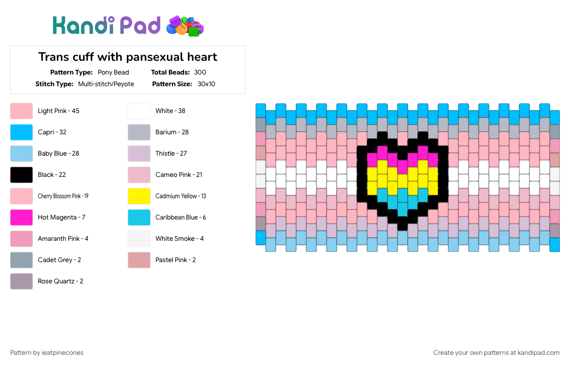 Trans cuff with pansexual heart - Pony Bead Pattern by ieatpinecones on Kandi Pad - heart, lgbtq, light blue, pansexual, pink, transgender