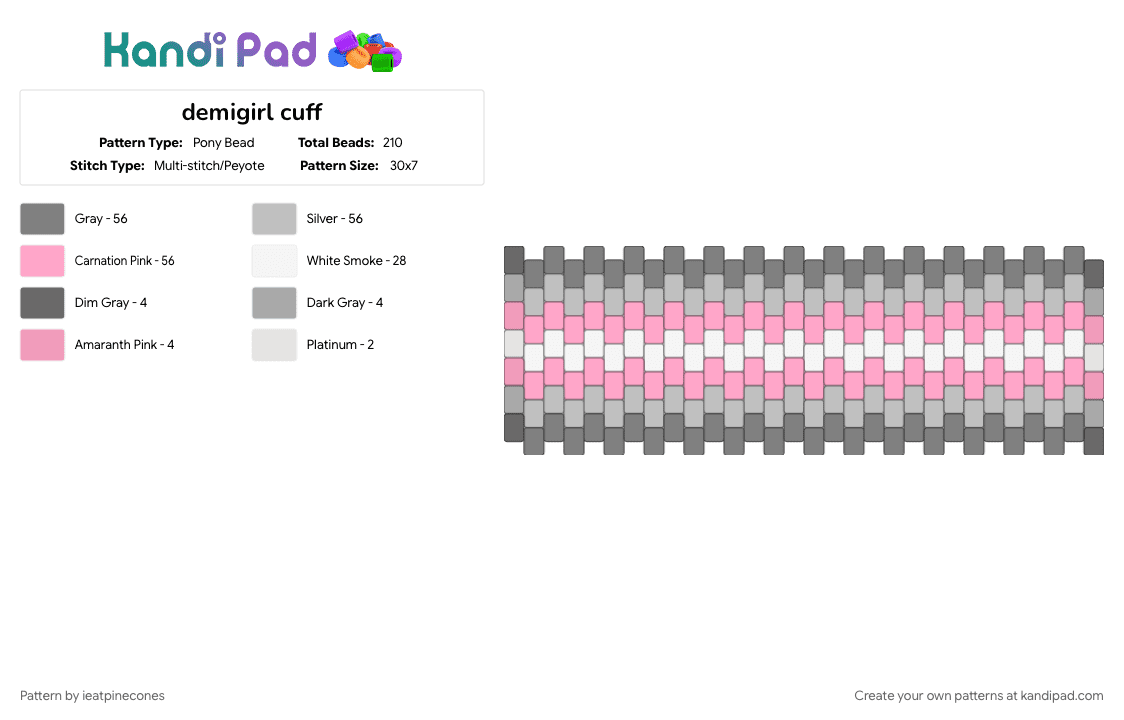 demigirl cuff - Pony Bead Pattern by ieatpinecones on Kandi Pad - beige, demigirl, gray, lgtbqia, pink, pride