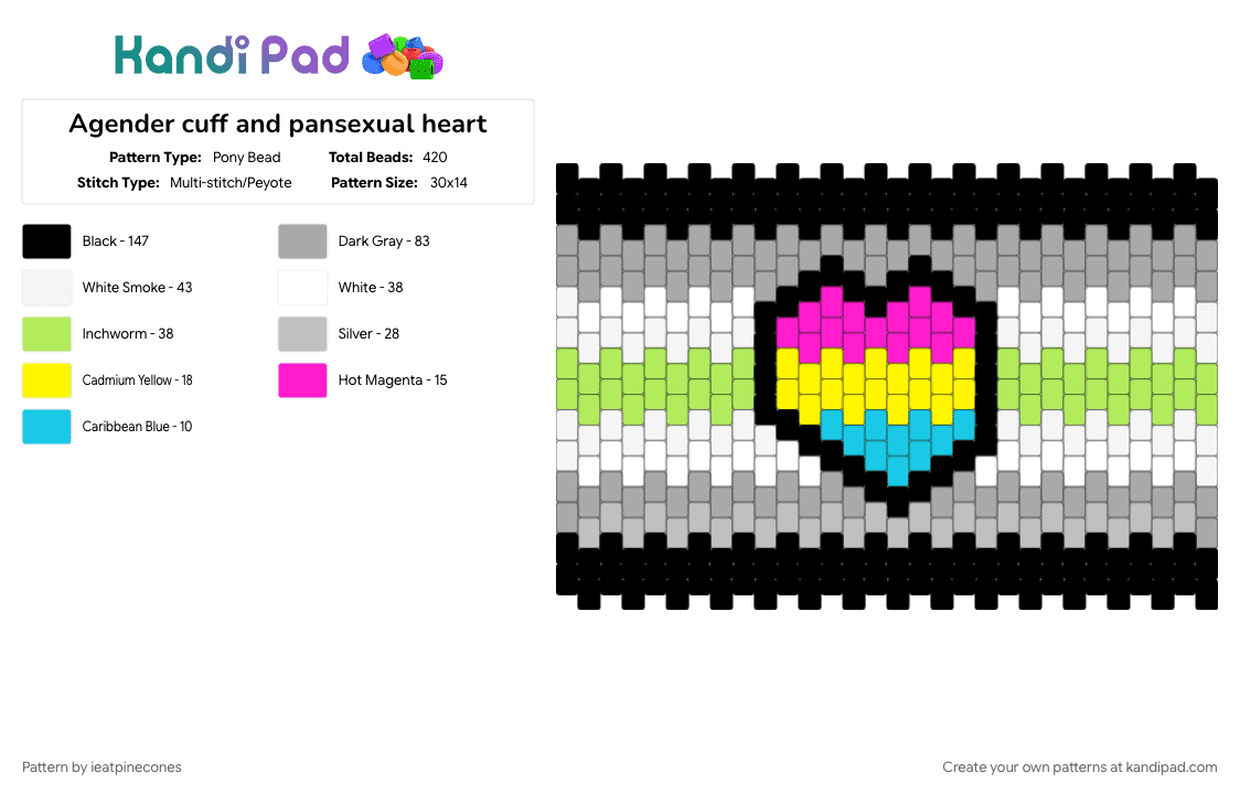 Agender cuff and pansexual heart - Pony Bead Pattern by ieatpinecones on Kandi Pad - agender, beige, green, heart, lgbtq, pansexual