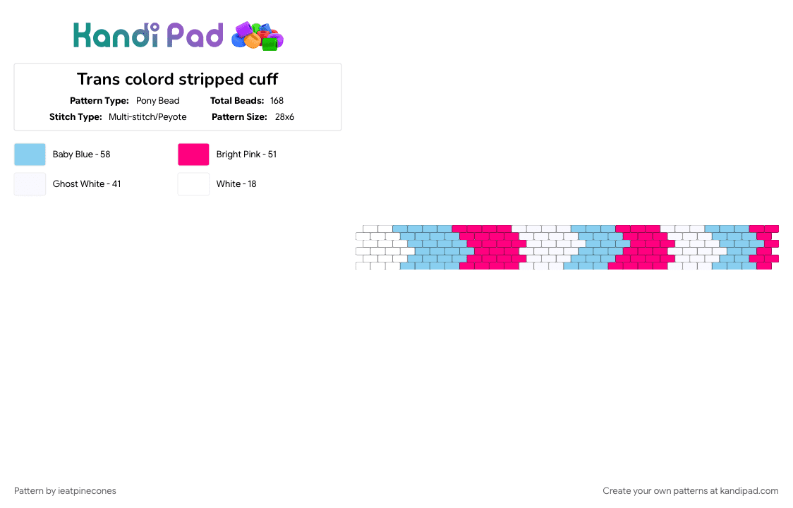 Trans colord stripped cuff - Pony Bead Pattern by ieatpinecones on Kandi Pad - light blue, pink, pride, stripes, trans
