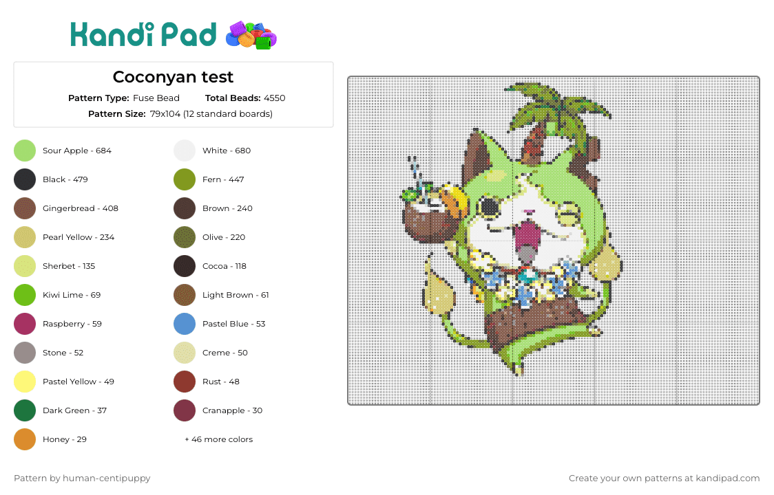 Coconyan test - Fuse Bead Pattern by human-centipuppy on Kandi Pad - coconyan,yokai watch,cat,video game,pina colada,tropical,character,green,brown