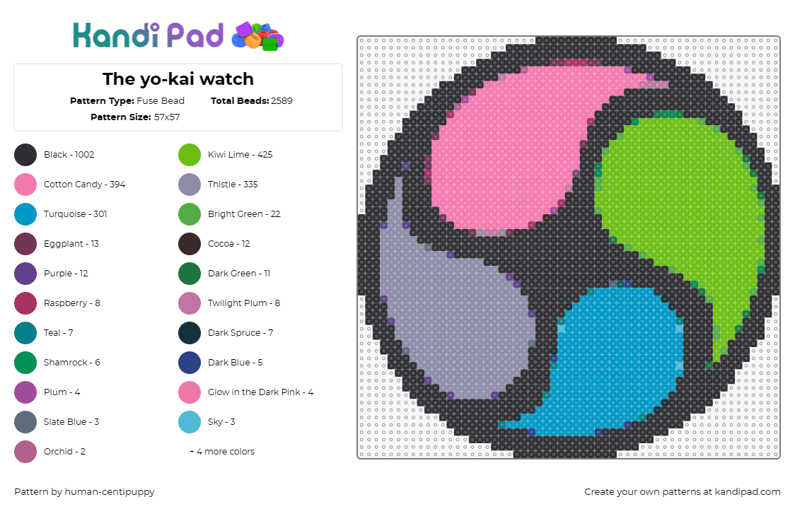 The yo-kai watch - Fuse Bead Pattern by human-centipuppy on Kandi Pad - yokai watch,swirl,geometric,video game,yin yang,logo,colorful,pink,green,blue