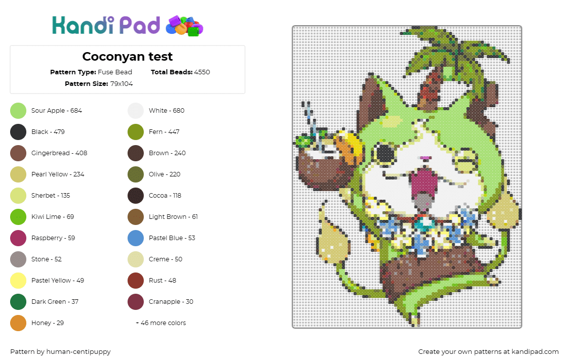 Coconyan test - Fuse Bead Pattern by human-centipuppy on Kandi Pad - coconyan,yokai watch,cat,video game,pina colada,tropical,character,green,brown