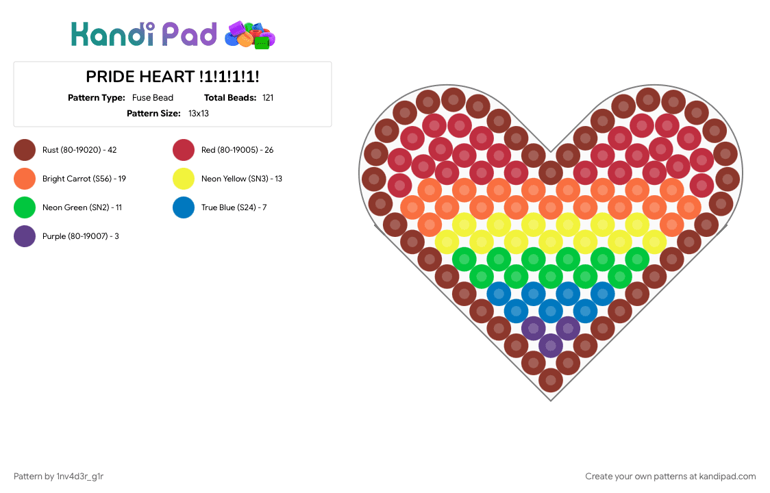 PRIDE HEART !1!1!1!1! - Fuse Bead Pattern by 1nv4d3r_g1r on Kandi Pad - colorful, flag, heart, lgbtq, lgbtqia, love, orange, pride, rainbow, red