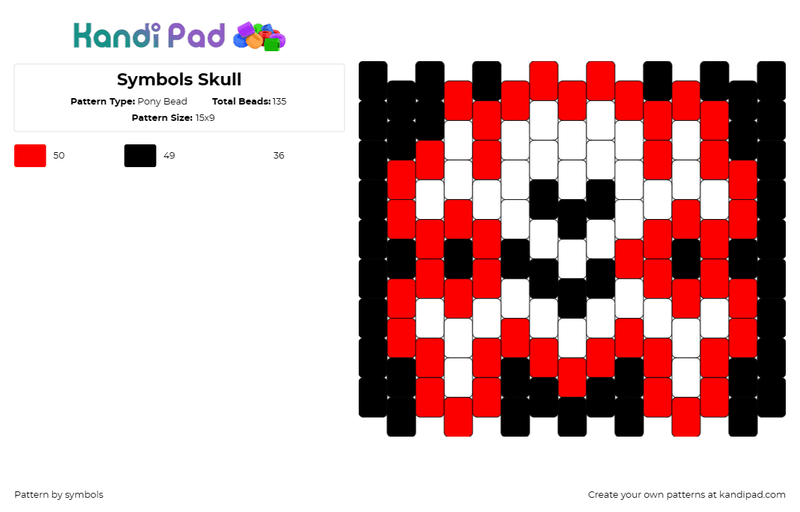 Symbols Skull - Pony Bead Pattern by symbols on Kandi Pad - skull,crossbones,jolly roger,skeleton,spooky,halloween,panel,white,red,black