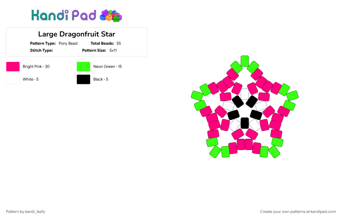 Large Dragonfruit Star - Pony Bead Pattern by kandi_leafy on Kandi Pad - big, dragonfruit, food, fruit, green, kawaii, large, pink, simplebig, star